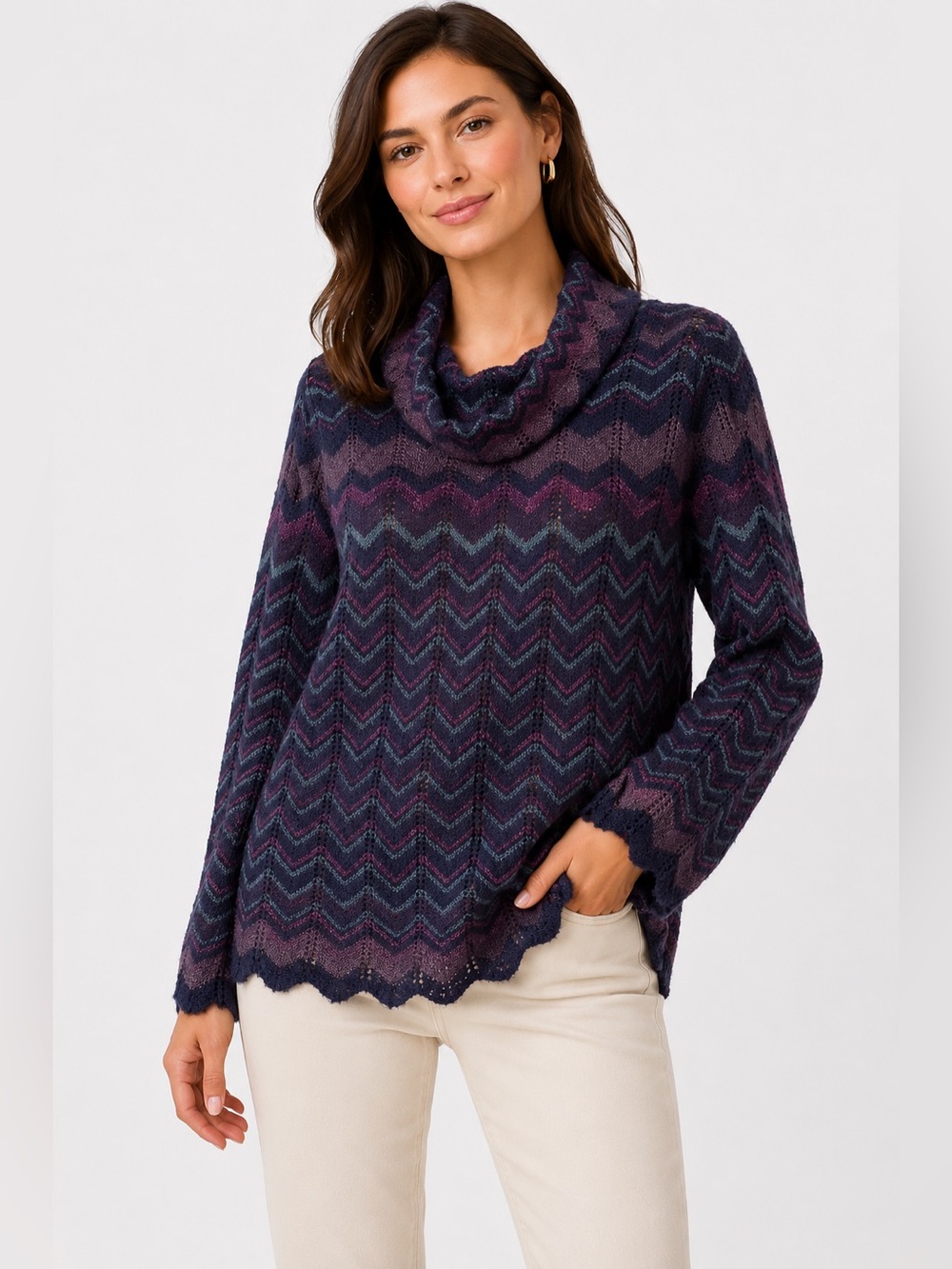 Chicos Size 2 Cowl Neck Sweater Purple Blue Chevron Knit Tunic Lightweight Large